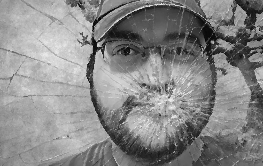 An image of the author, grayscale, looking through a cracked mirror.