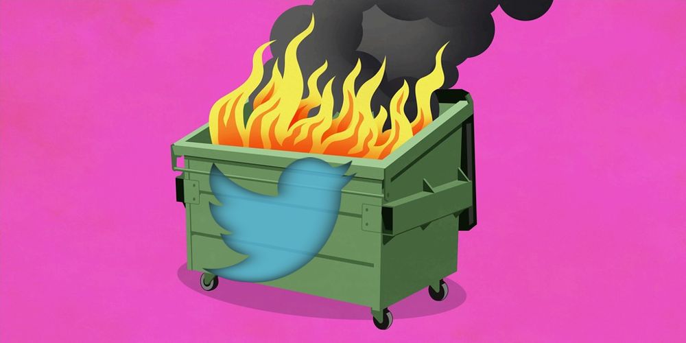 An image of a dumpster on fire, with the logo of Twitter's blue bird on the front.