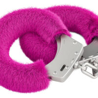 pink sexy fluffy handcuffs closeup, 3D rendering isolated on white background