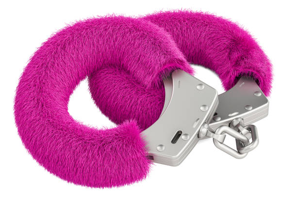 pink sexy fluffy handcuffs closeup, 3D rendering isolated on white background