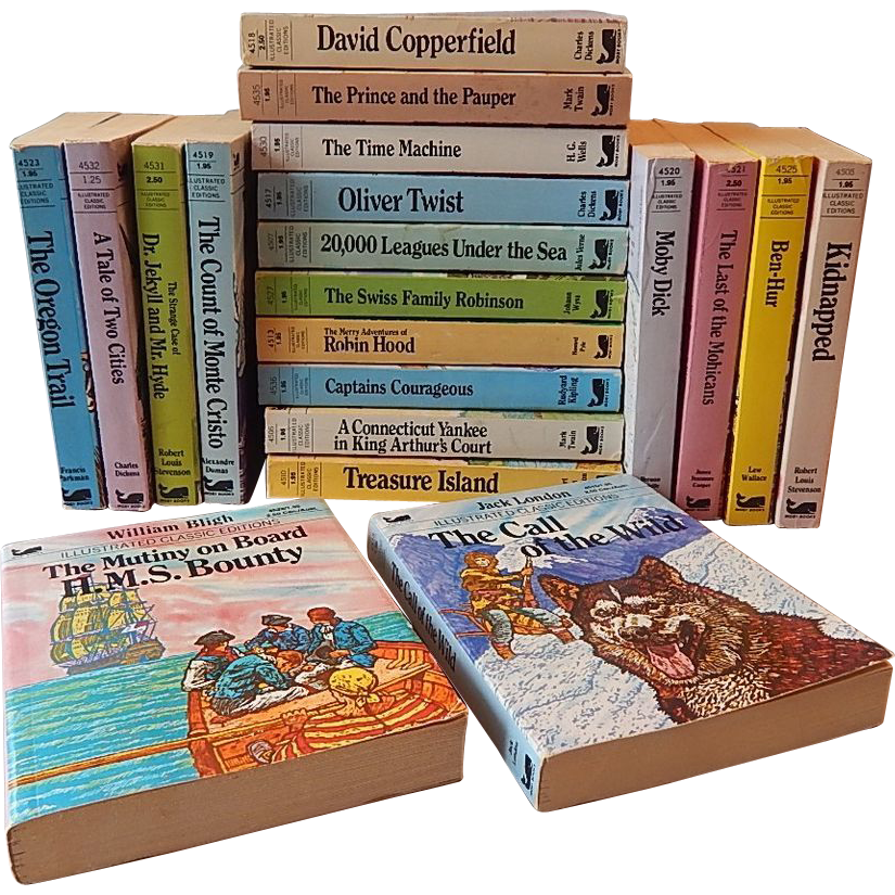 A stack of classic childrens novels including David Copperfield, The Prince and the Pauper, The  Time Machine, Oliver Twist, 20,000 Leagues Under the Sea, The Swiss Family Robinson, Robin Hood, Captains Courageous, A Connecticut Yankee in King Arthurs Court, Treasure Island, The Oregon Trail, A Tale of Two Cities, Dr Jekyll and Mr Hyde, The Count of Monte Cristo, Kidnapped, Ben-Hur, The Last of the Mohicans, Moby Dick, The Mutiny on the Bounty, and The Call of the Wild.