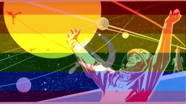 An image of a rainbow superimposed over a Russian cosmonaut, with the moons of Saturn in the background, and a rocket ship orbiting the planet.