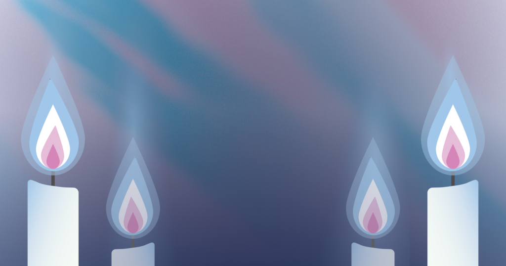 An image of four candles, two on each side of the picture, with flames of white, pink, and blue, the colors of the trans flag. The background is a swirl of dark pink and dark blue.