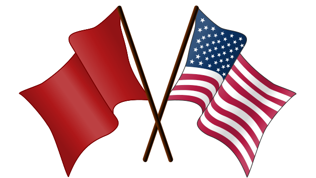 An image of a red flag, representing socialism, on the left hand side, and a US flag, representing neoliberalism on the right hand side.